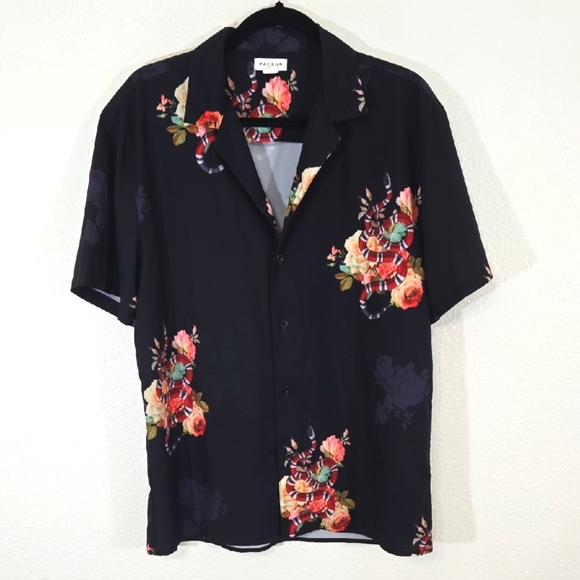 PacSun Black Short Sleeve Button Up Floral Coral Snake Print Lightweight Soft, M - Picture 1 of 8